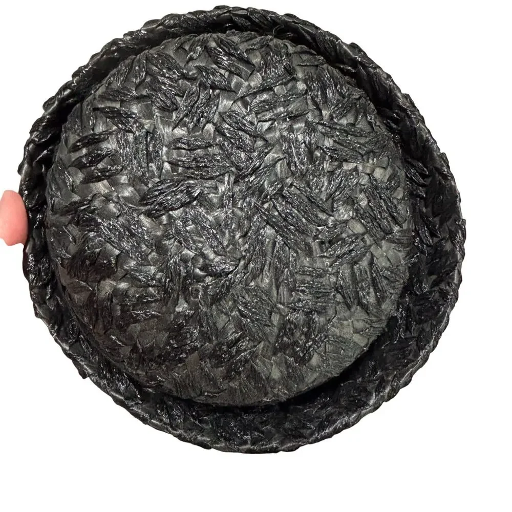 Vintage black straw pillbox hat by Winkelman’s velvet hatband upturned brim